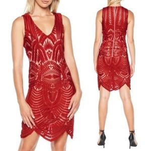 Bardot Red and Nude Embroidered Dress. Medium/8